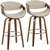 Curvini 30" Swivel Bar Stool in Walnut Wood & Cream Fabric (Set of 2)